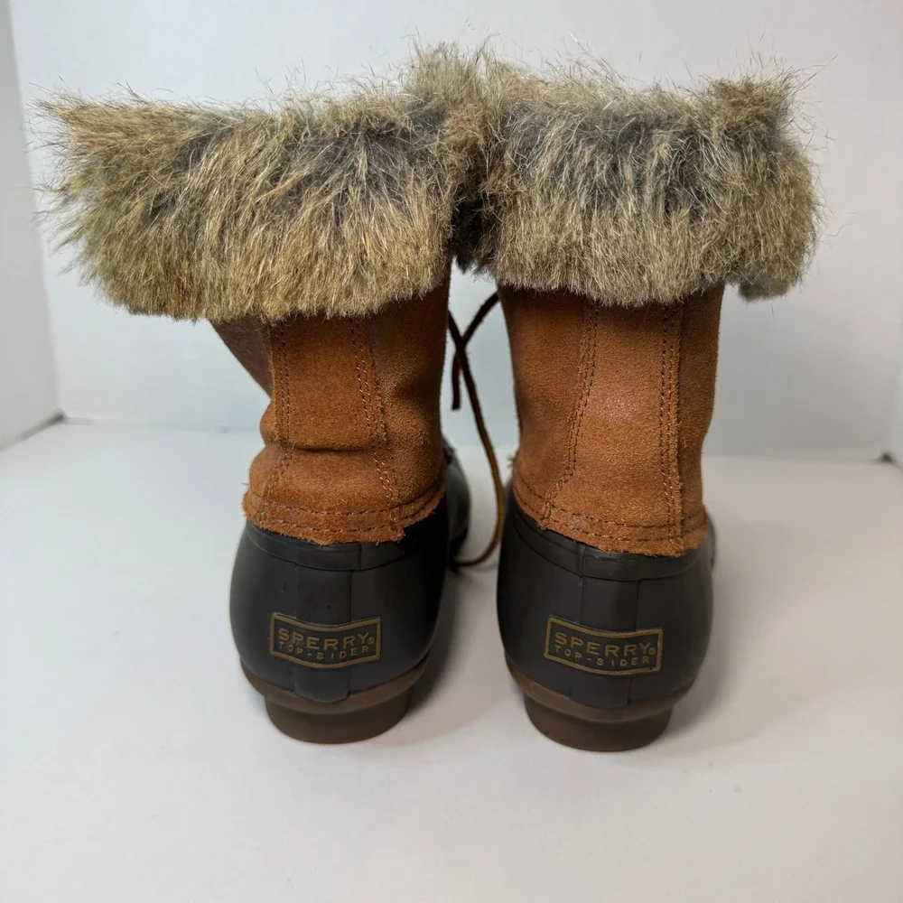 Sperry Top Sider Women's Saltwater Suede Faux Fur Duck Boots Brown STS93846 Sz 7
